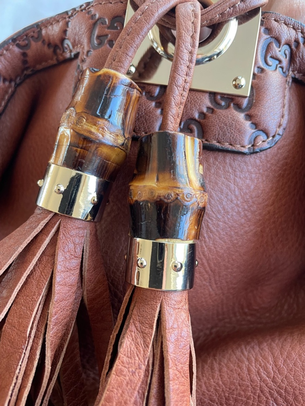 Gucci Babouska Hobo Indy Fringe Leather Bag GG with Bamboo Tassel - Picture 5 of 5